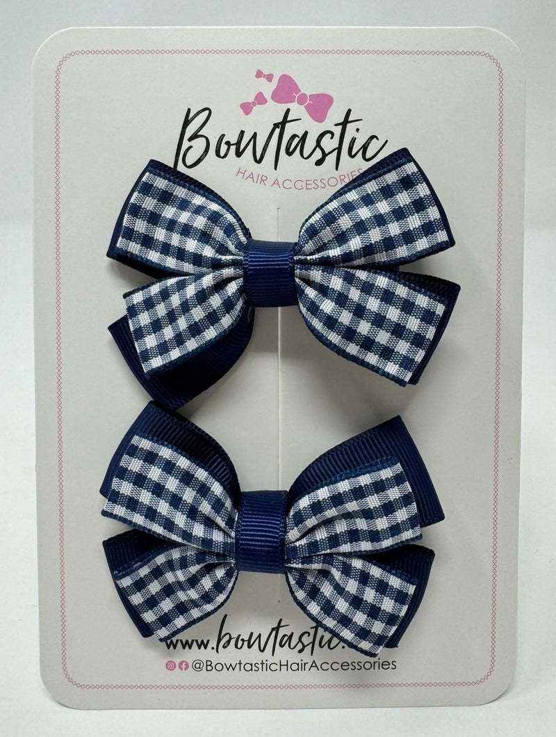 3 Inch Double Butterfly Bow - Navy & Navy Gingham - 2 Pack