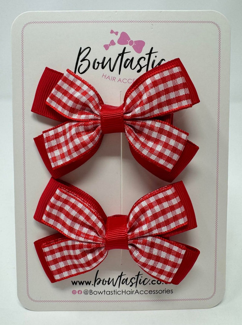 3 Inch Double Butterfly Bow - Red & Red Gingham - 2 Pack