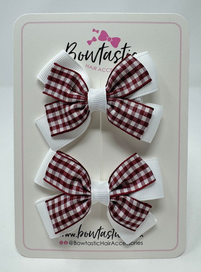 3 Inch Double Butterfly Bow - Burgundy & White Gingham - 2 Pack