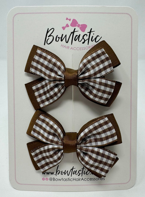 3 Inch Double Butterfly Bow - Brown & Brown Gingham - 2 Pack