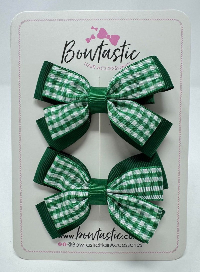 3 Inch Double Butterfly Bow - Forest Green & Green Gingham - 2 Pack