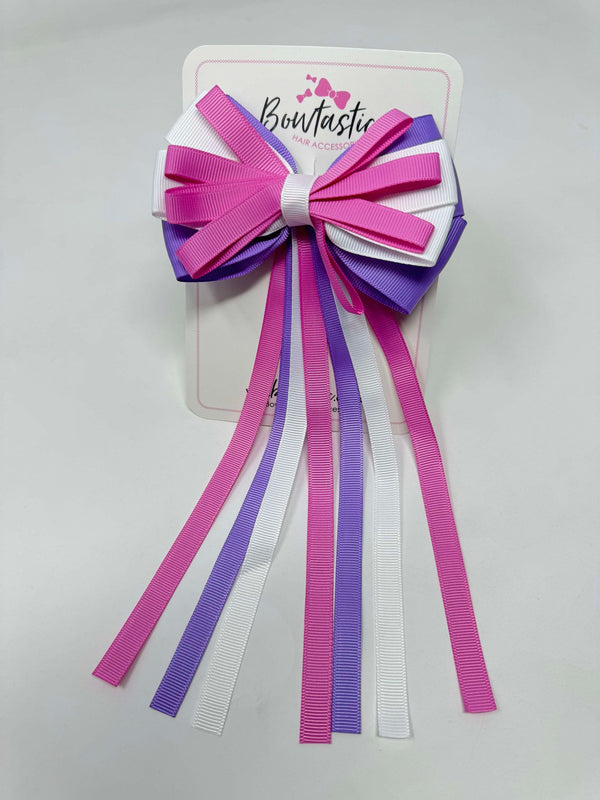 4 Inch Streamer Tail Bow - Rose Bloom, White & Hyacinth