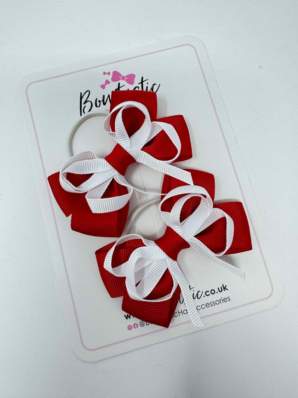 3 Inch Double Bow Style 2 Thin Elastic - White & Red - 2 Pack