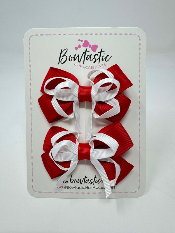 3 Inch Double Bow Style 2 - White & Red - 2 Pack