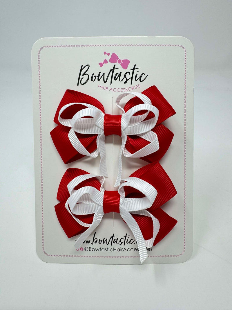 3 Inch Double Bow Style 2 - White & Red - 2 Pack