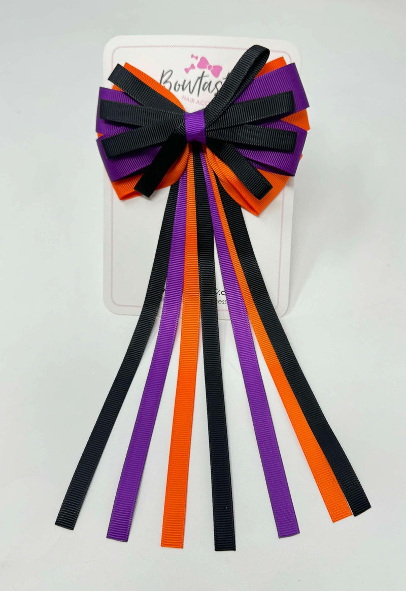 4 Inch Streamer Tail Bow - Black, Purple & Orange