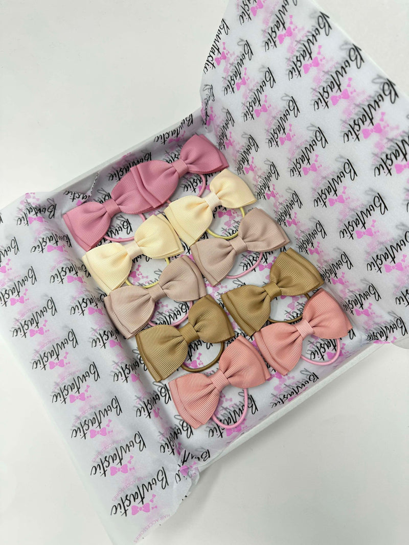 Bow Set - 3 inch Flat Double Bow- Thin Elastic - 10 Pack - Quartz, Cream, Vanilla, Latte, Sweet Nectar