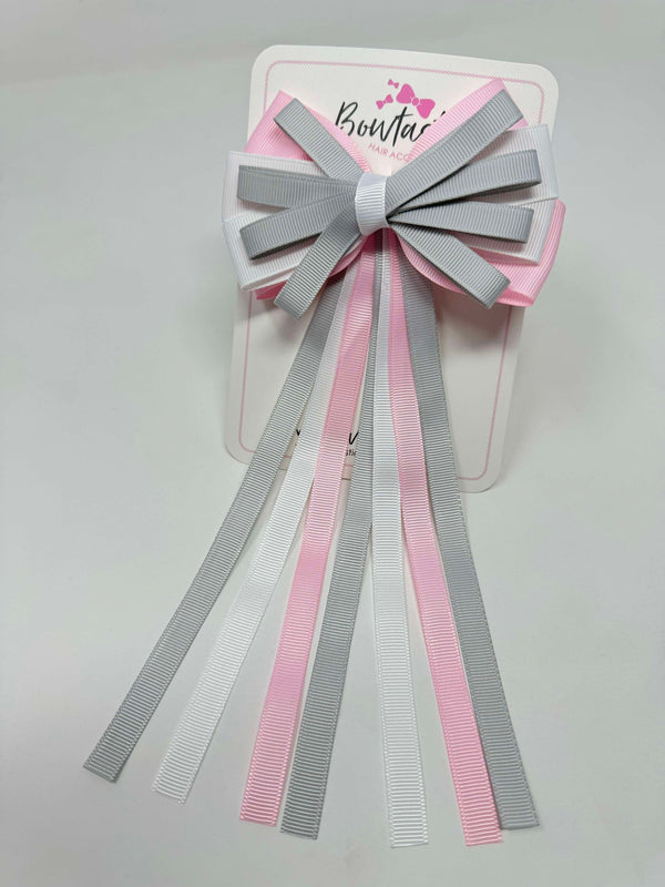 4 Inch Streamer Tail Bow - Shell Grey, Pearl Pink & White