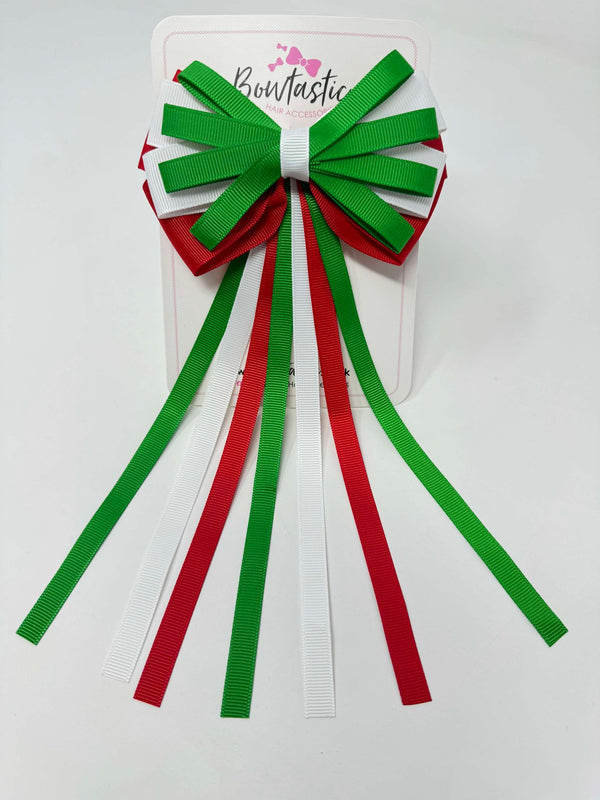 4 Inch Streamer Tail Bow - Emerald Green, Red & White