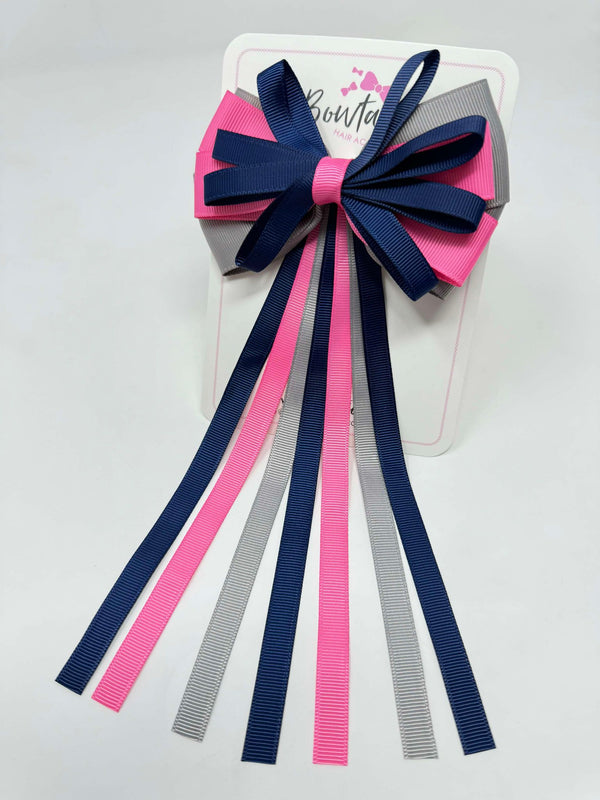 4 Inch Streamer Tail Bow - Navy, Hot Pink & Silver