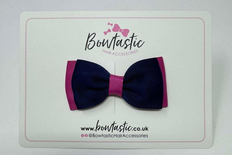 3 Inch Flat Double Bow - Navy & Raspberry Rose