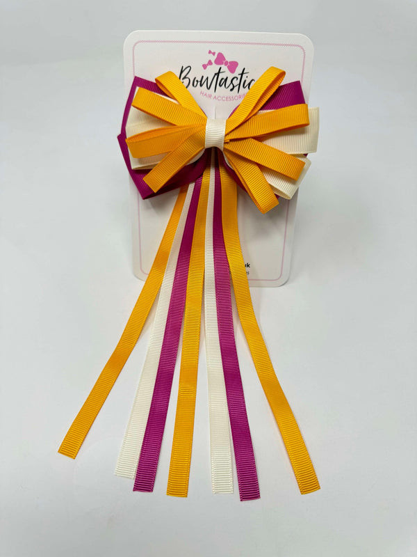 4 Inch Streamer Tail Bow - Dandelion, Ivory & Raspberry Rose