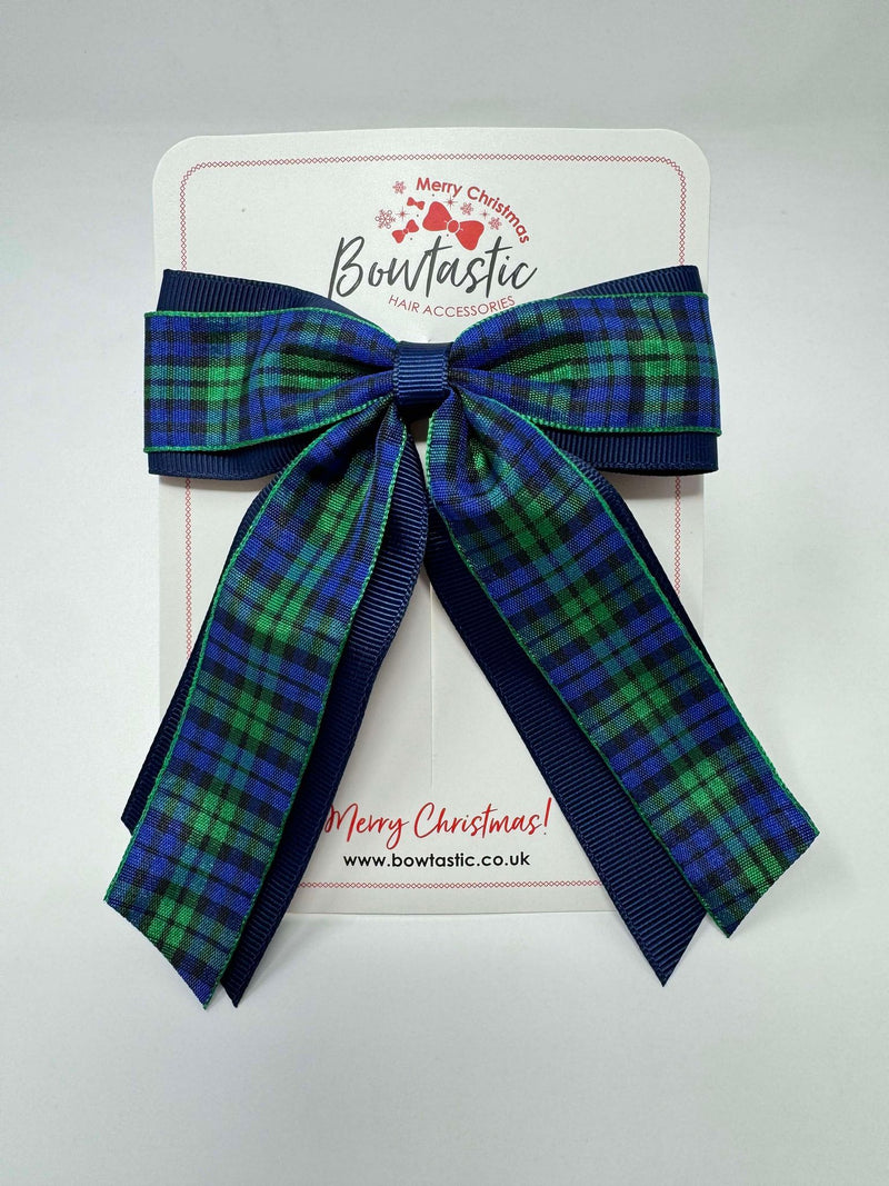 4.5 Inch Tail Bow - Navy & Green Tartan