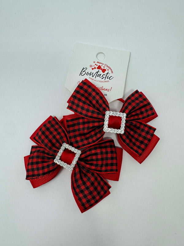 2.5 Inch Butterfly Gem Bow Thin Elastic - Red & Black Tartan - 2 Pack