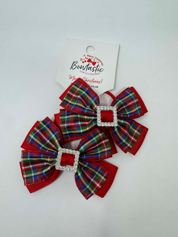 2.5 Inch Butterfly Gem Bow Thin Elastic - Red & Green Tartan - 2 Pack