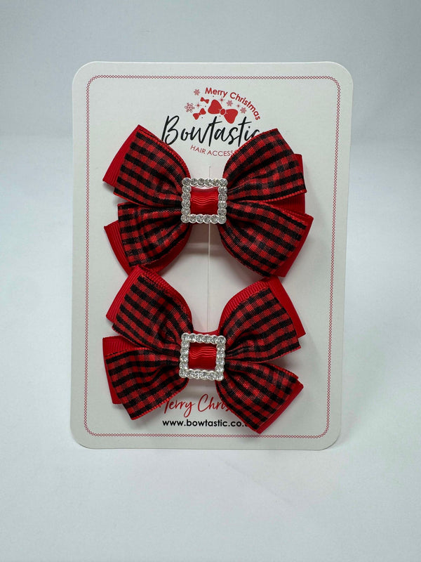 2.5 Inch Butterfly Gem Bow - Red & Black Tartan - 2 Pack