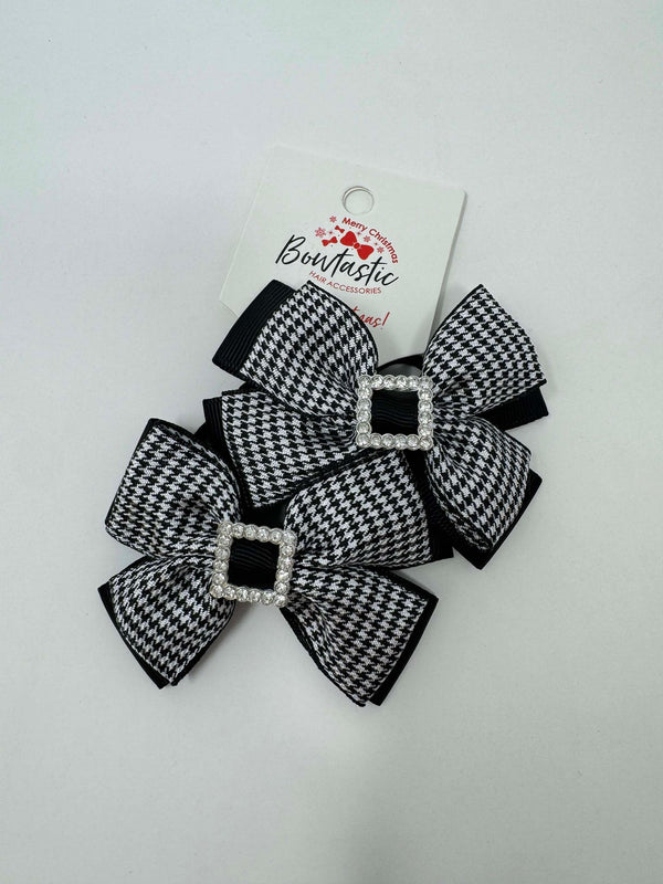 2.5 Inch Butterfly Gem Bow Thin Elastic - Black & White Dogtooth - 2 Pack