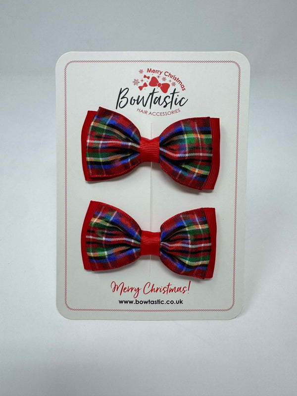 3 Inch Flat Double Bow - Red & Green Tartan - 2 Pack