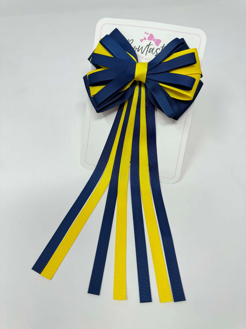 4 Inch Streamer Tail Bow - Navy & Daffodil