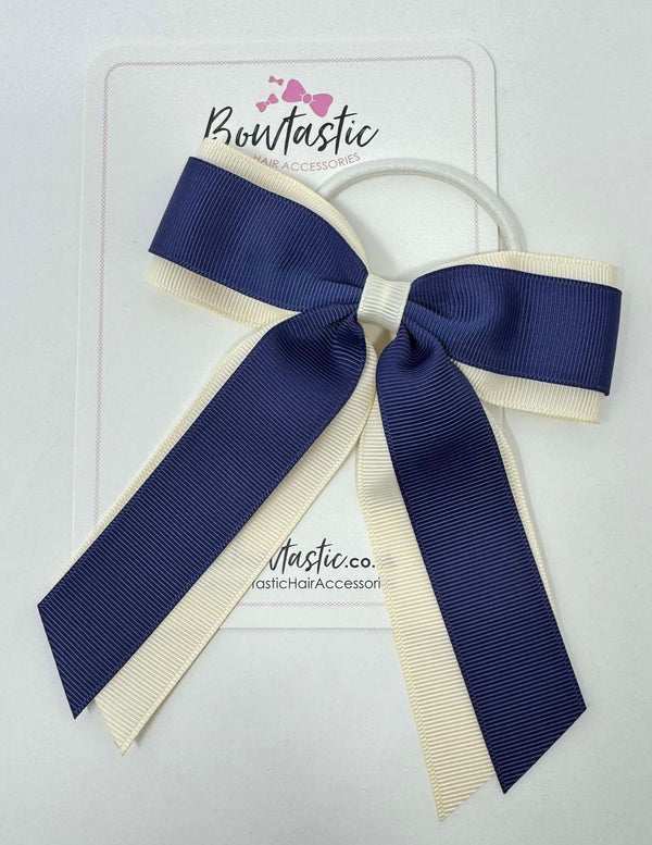 4.5 Inch Tail Bow Bobble - Cream & Ink Blue