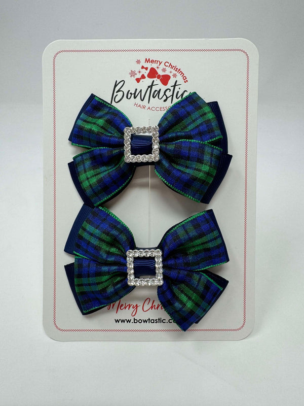 2.5 Inch Butterfly Gem Bow - Navy & Green Tartan - 2 Pack