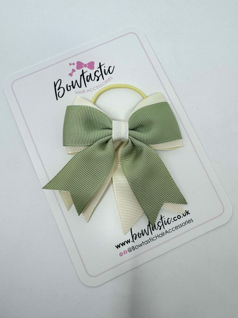 3 Inch Flat 2 Layer Tail Bow Thin Elastic - Spring Moss & Ivory