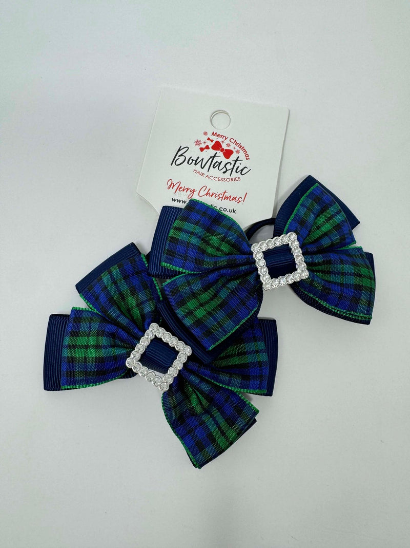 2.5 Inch Butterfly Gem Bow Thin Elastic - Navy & Green Tartan - 2 Pack