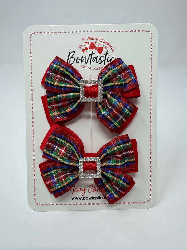 2.5 Inch Butterfly Gem Bow - Red & Green Tartan - 2 Pack