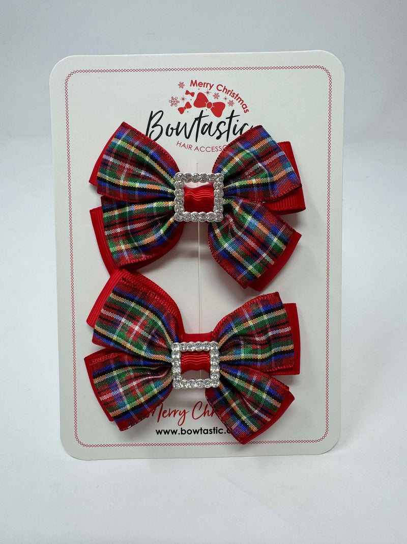 2.5 Inch Butterfly Gem Bow - Red & Green Tartan - 2 Pack