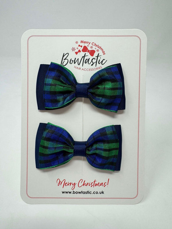 3 Inch Flat Double Bow - Navy & Green Tartan - 2 Pack