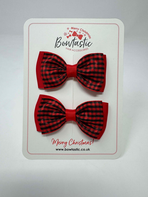 3 Inch Flat Double Bow - Red & Black Tartan - 2 Pack