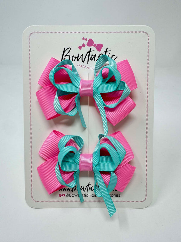 3 Inch Bow - Geranium Pink & Aqua - 2 Pack