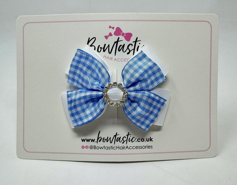 3 Inch Gem Bow - Light Blue & White Gingham