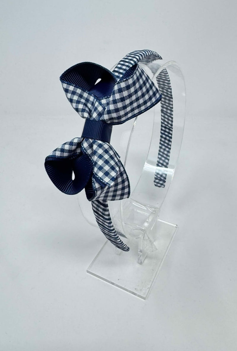 3 Inch Bow Alice Band - Navy & Navy Gingham