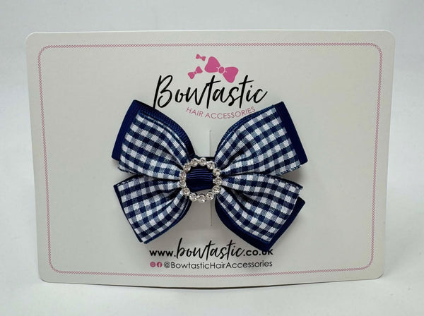 3 Inch Gem Butterfly Bow Thin Elastic - Navy & Navy Gingham