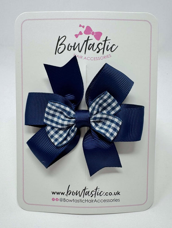 3 Inch 2 Layer Pinwheel Bow Thin Elastic - Navy & Navy Gingham