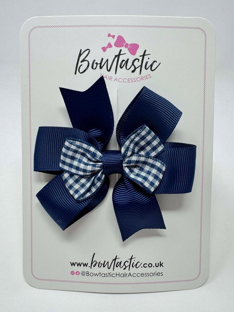 3 Inch 2 Layer Pinwheel Bow Thin Elastic - Navy & Navy Gingham