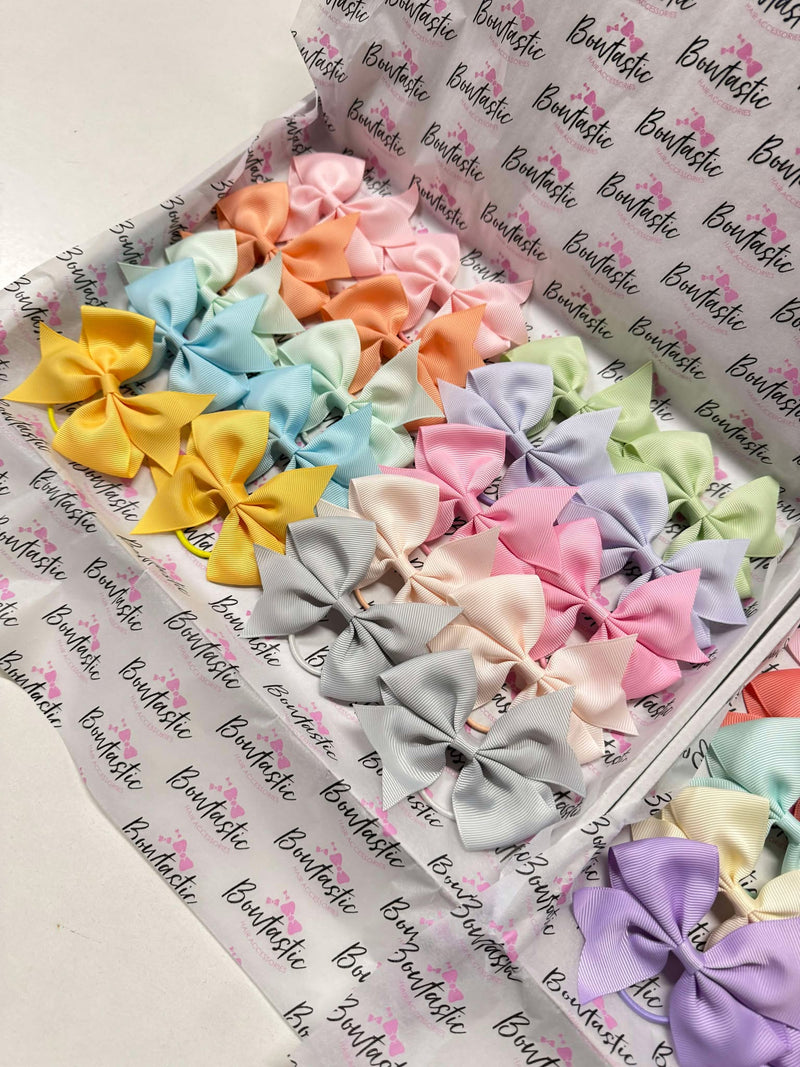 Bow Set - 20x Pastels Bow Bundle - 3.5 inch Flat Bow - Thin Elastics