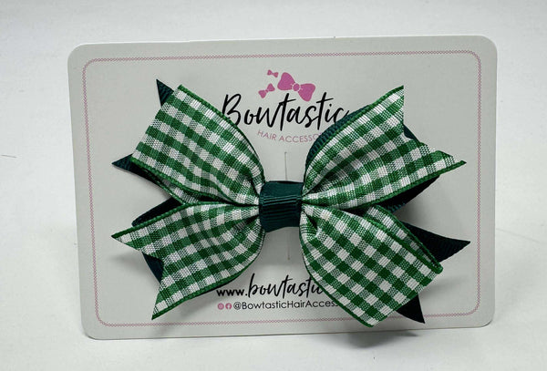 3 Inch Flat 2 Layer Bow - Hunter Green & Green Gingham