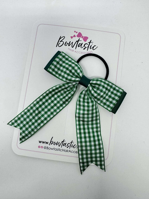 3.25 Inch Tail Bow Thin Elastic - Hunter Green & Green Gingham