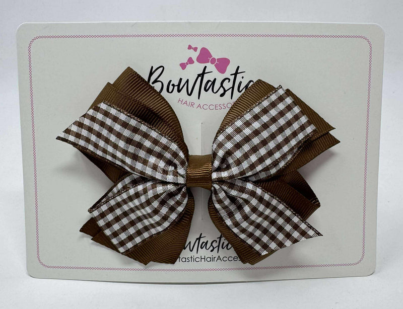 4 Inch Flat 3 Layer Bow - Turftan & Brown Gingham