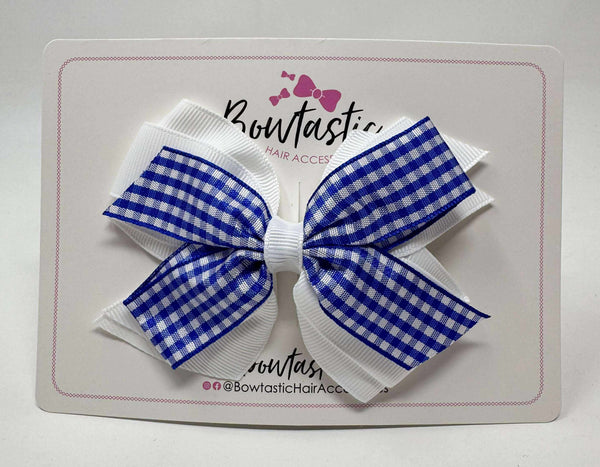 4 Inch Flat 3 Layer Bow - Royal Blue & White Gingham