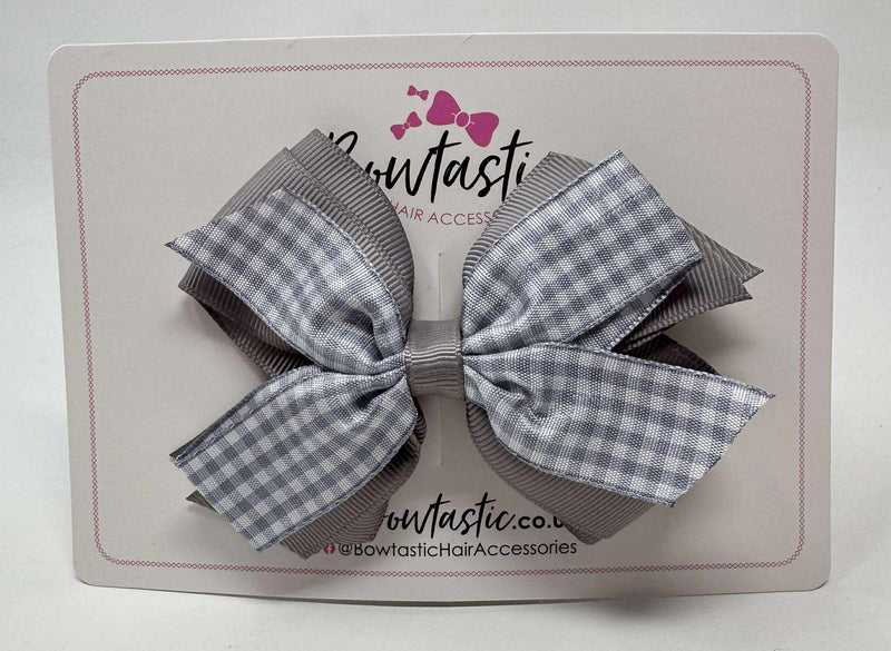4 Inch Flat 3 Layer Bow - Grey Gingham