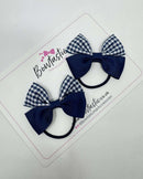 2.5 Inch Butterfly Bow Thin Elastic - Navy & Navy Gingham - 2 Pack