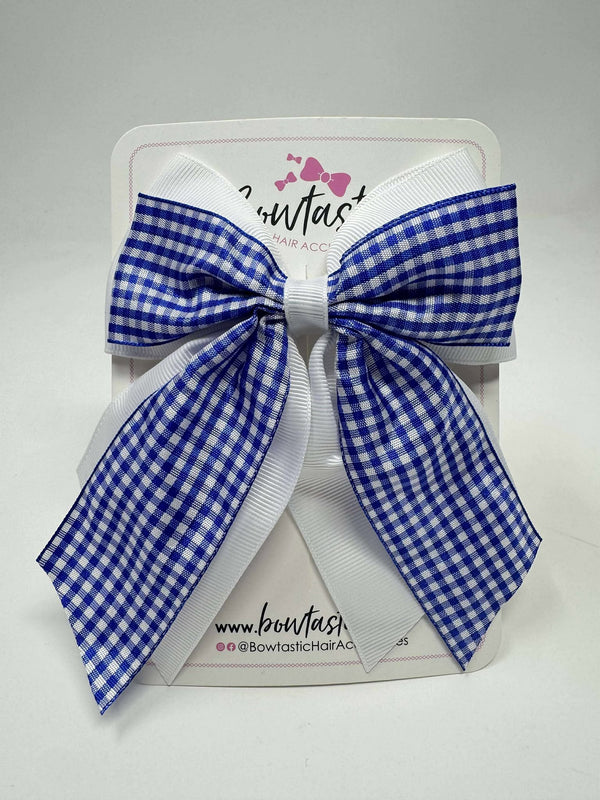 4.5 Inch 2 Layer Tail Bow - Royal Blue & White Gingham