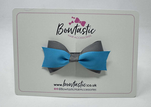 3 Inch Flat Tuxedo Bow - Turquoise & Metal Grey