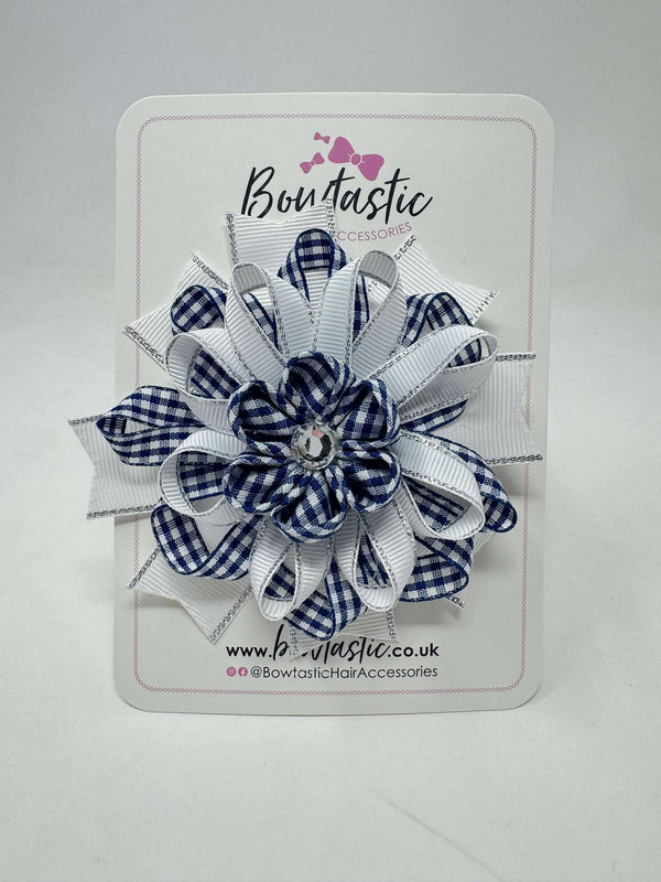 4 Inch Flower Bow - Navy & White Gingham
