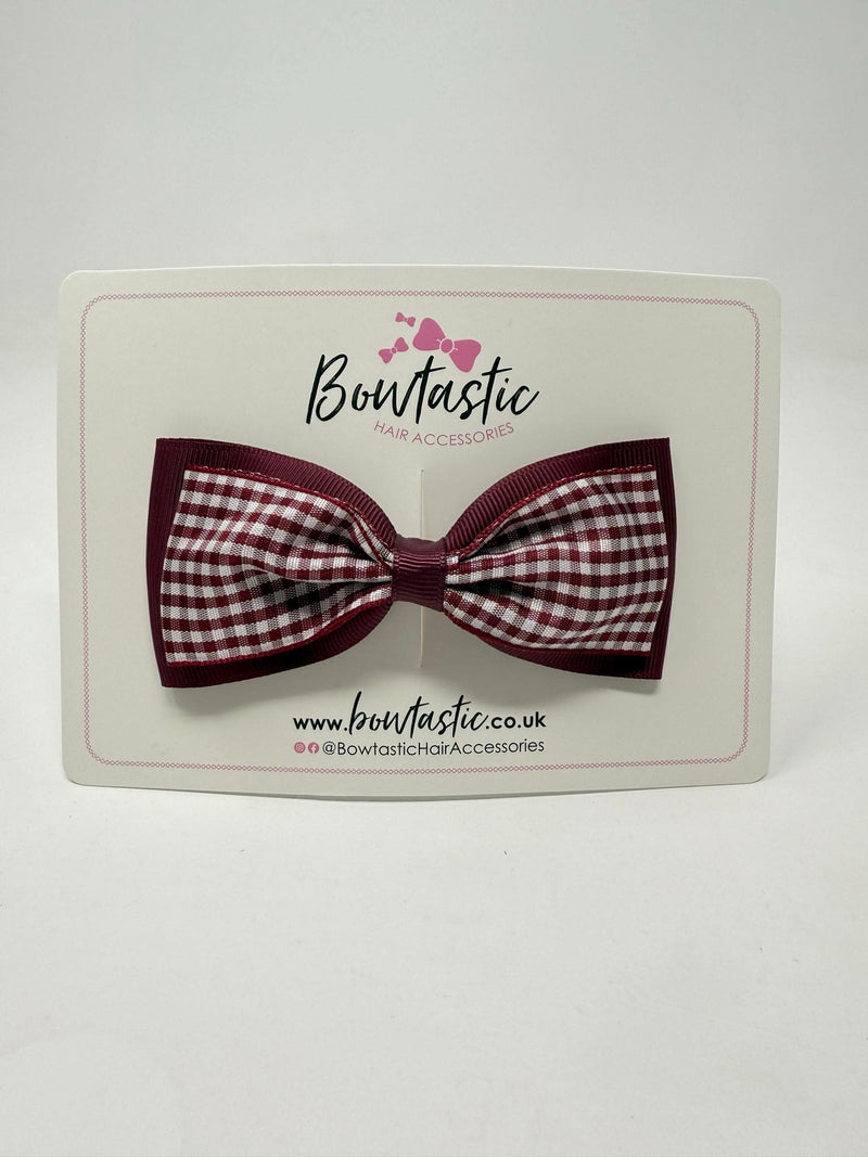 4 Inch Double Tuxedo Bow - Burgundy & Burgundy Gingham