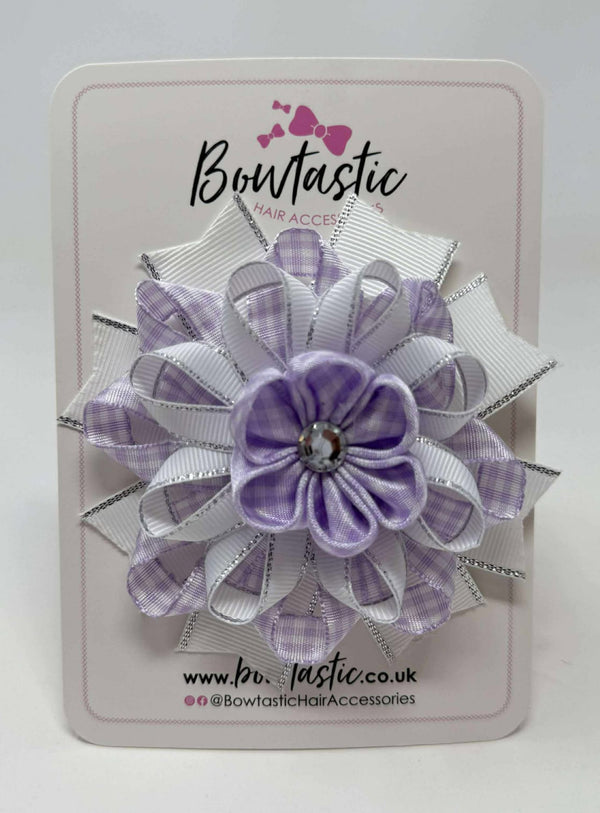 4 Inch Flower Bow - Lilac & White Gingham