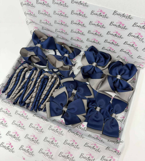 School Bundle - 5 Matching Pairs - Clips & Bobbles - Navy & Metal Grey